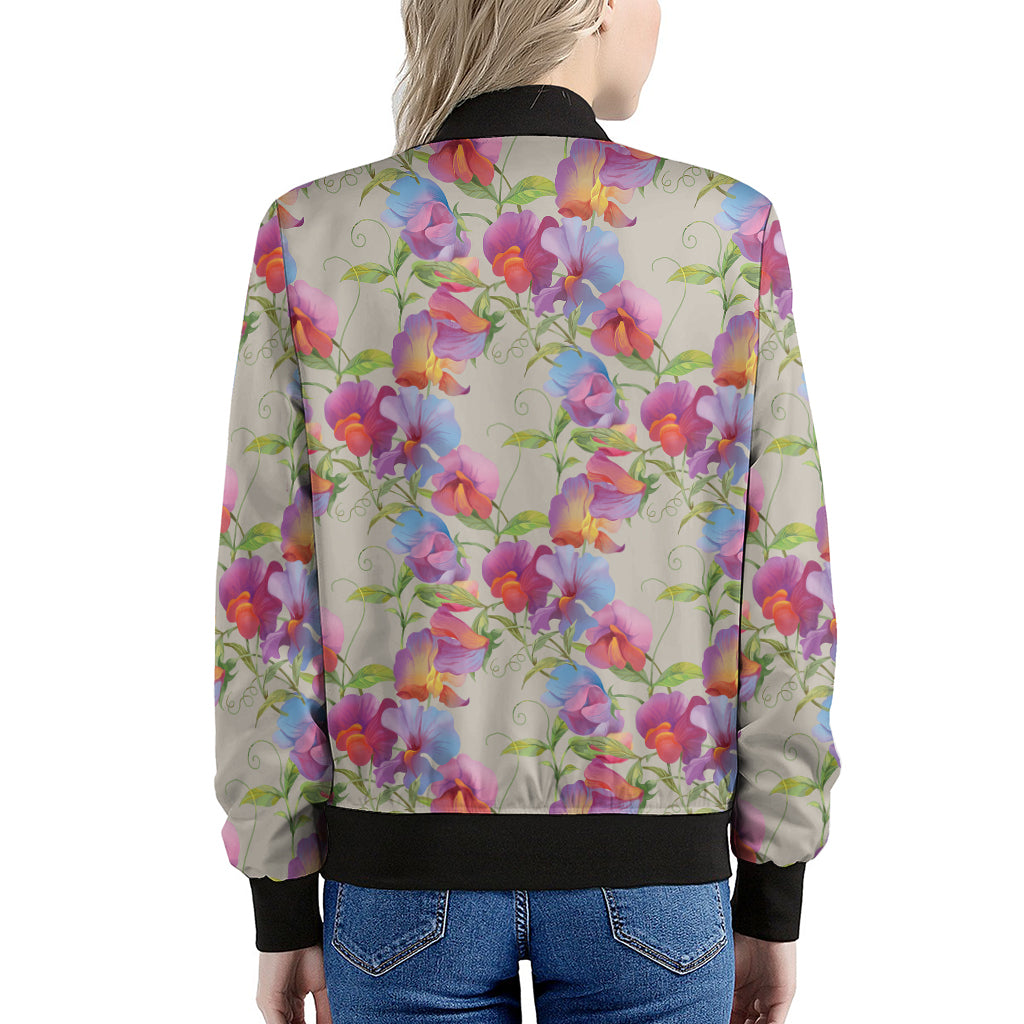 Sweet Pea Flower Pattern Print Women's Bomber Jacket