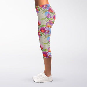 Sweet Pea Flower Pattern Print Women's Capri Leggings