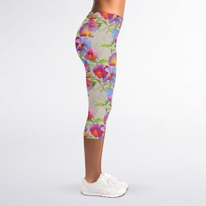 Sweet Pea Flower Pattern Print Women's Capri Leggings