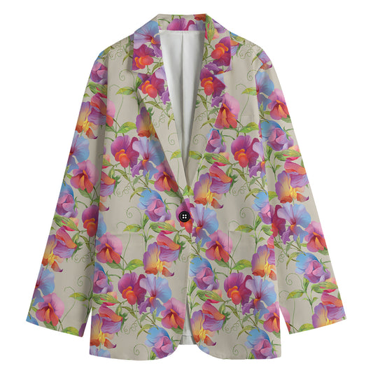 Sweet Pea Flower Pattern Print Women's Cotton Blazer