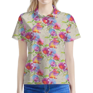 Sweet Pea Flower Pattern Print Women's Polo Shirt