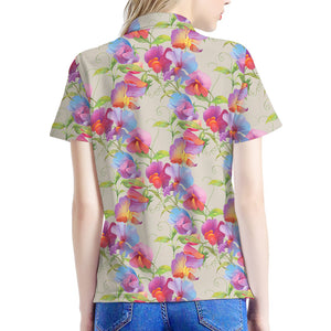 Sweet Pea Flower Pattern Print Women's Polo Shirt