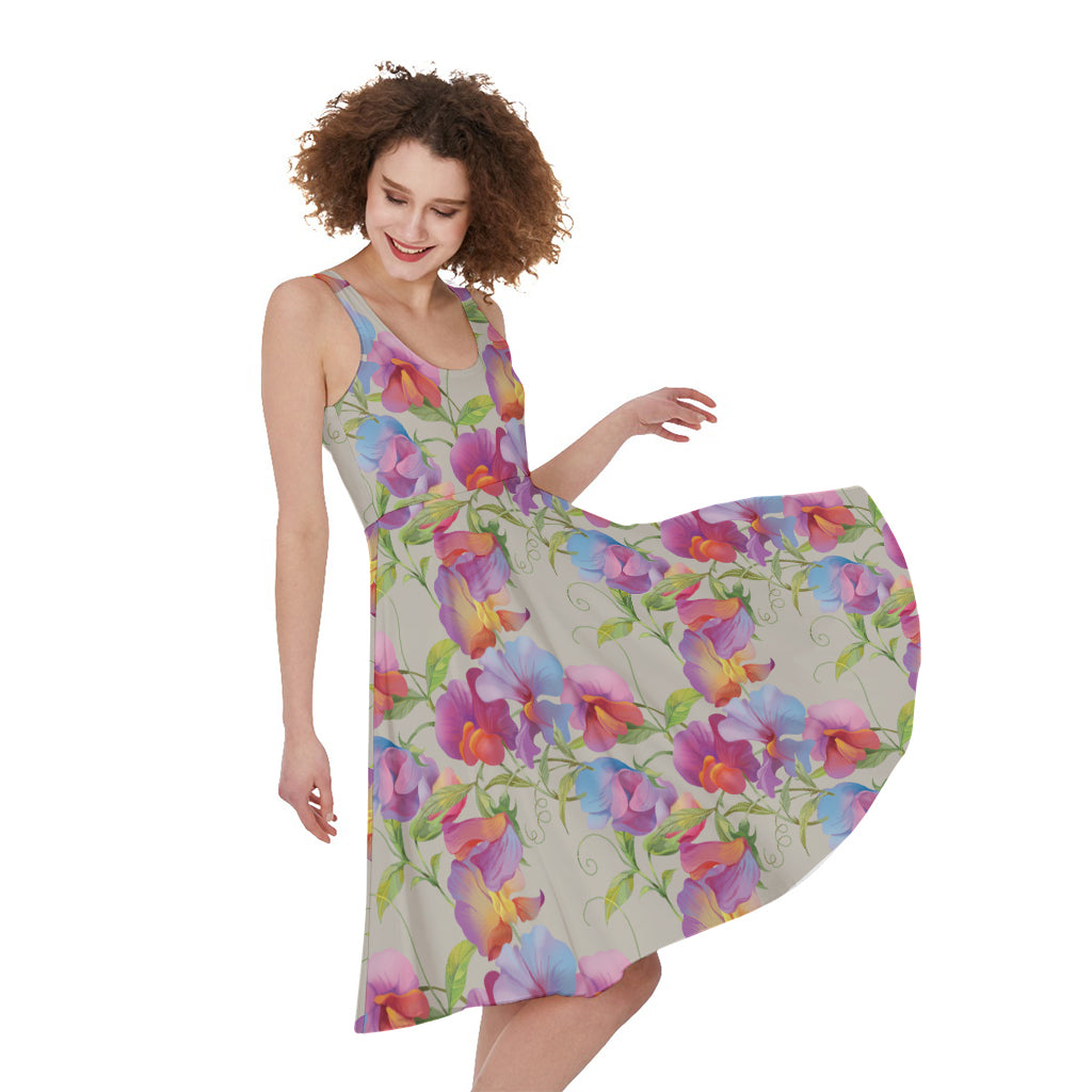 Sweet Pea Flower Pattern Print Women's Sleeveless Dress