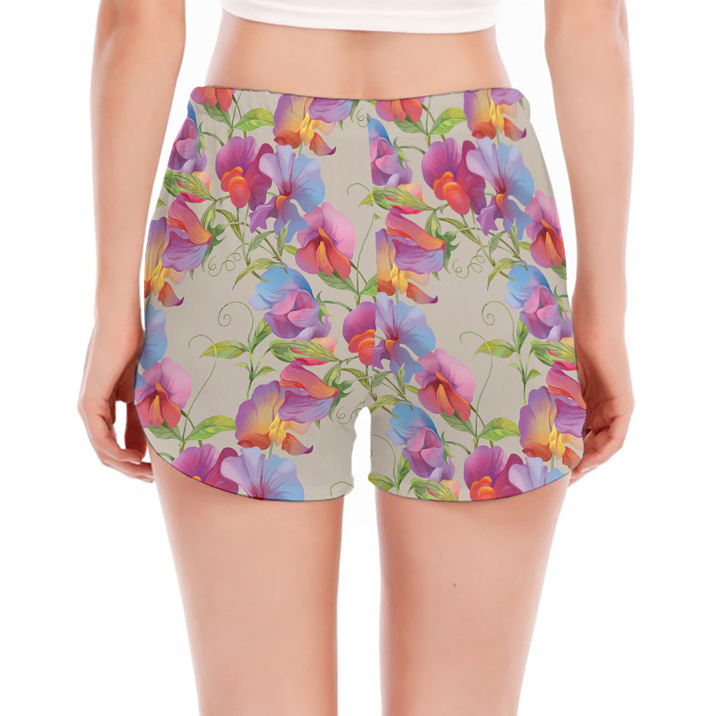 Sweet Pea Flower Pattern Print Women's Split Running Shorts