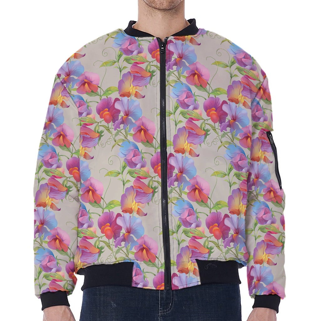 Sweet Pea Flower Pattern Print Zip Sleeve Bomber Jacket