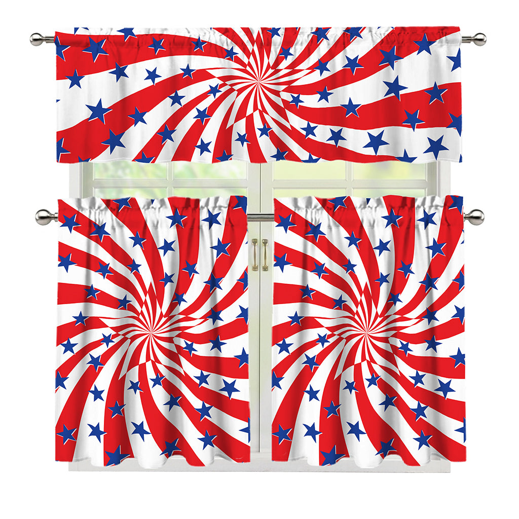 Swirl American Patriotic Star Print 3 Piece Kitchen Curtains