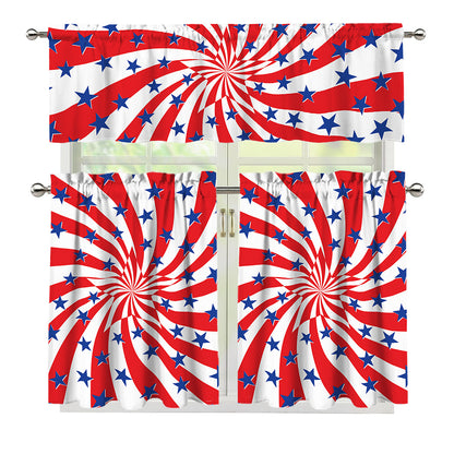 Swirl American Patriotic Star Print 3 Piece Kitchen Curtains