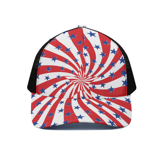 Swirl American Patriotic Star Print Black Mesh Trucker Cap