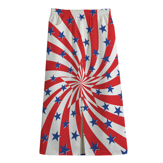 Swirl American Patriotic Star Print Cotton Front Slit Maxi Skirt