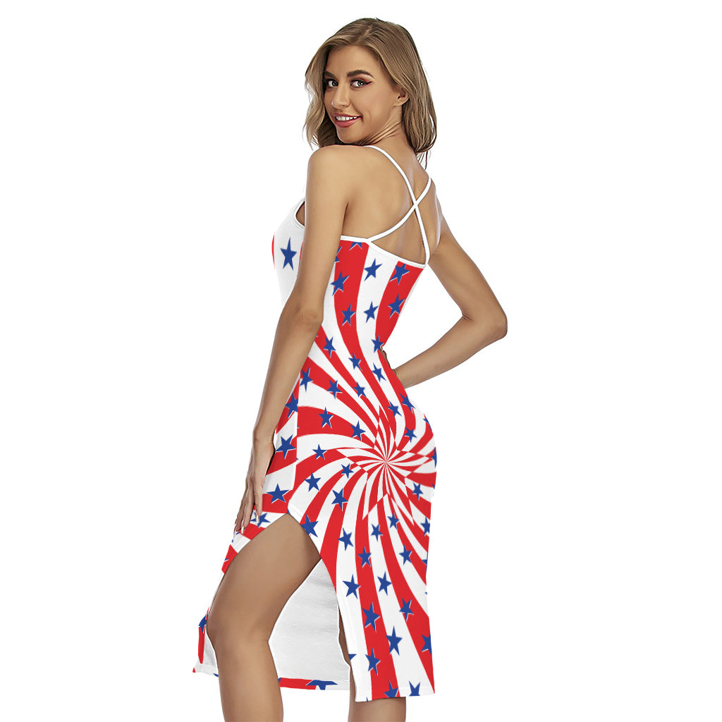 Swirl American Patriotic Star Print Cross Back Cami Dress