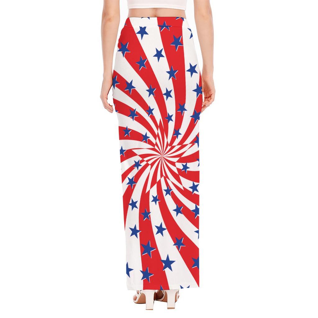 Swirl American Patriotic Star Print High Slit Maxi Skirt