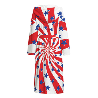 Swirl American Patriotic Star Print Hooded Bathrobe