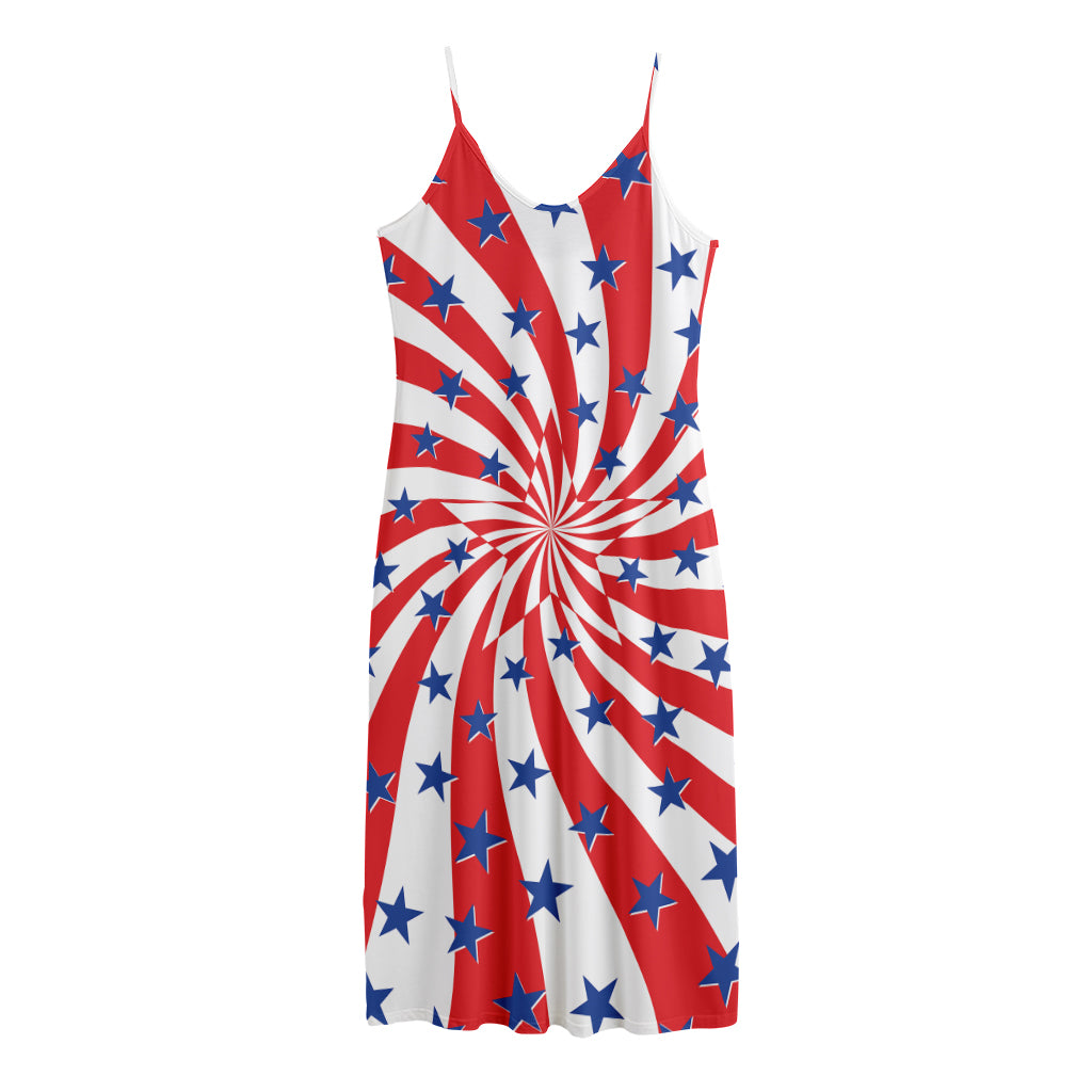 Swirl American Patriotic Star Print Jersey Midi Cami Dress