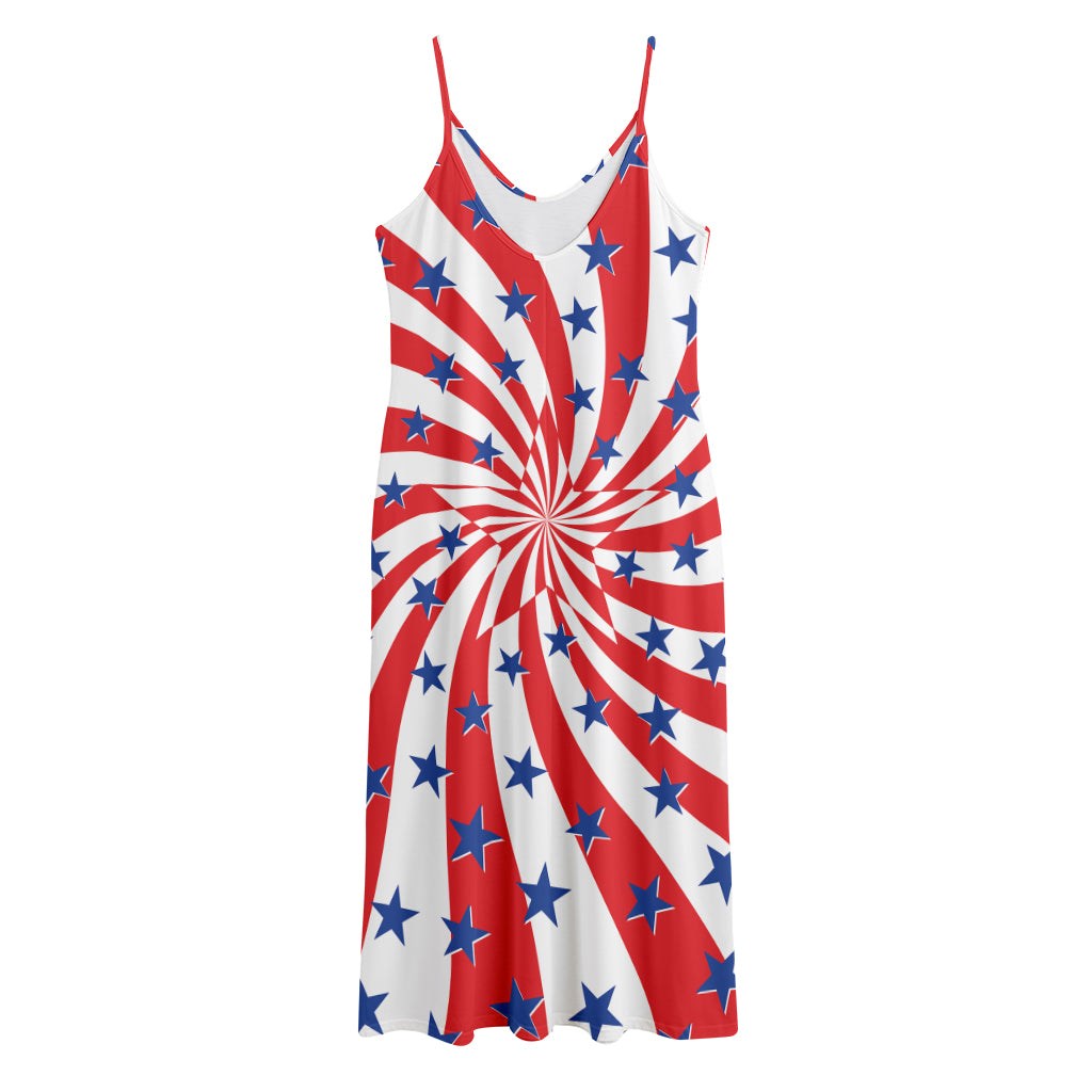 Swirl American Patriotic Star Print Jersey Midi Cami Dress
