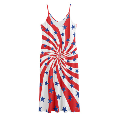 Swirl American Patriotic Star Print Jersey Midi Cami Dress
