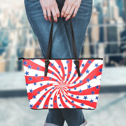 Swirl American Patriotic Star Print Leather Tote Bag