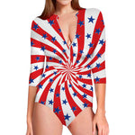 Swirl American Patriotic Star Print Long Sleeve Swimsuit