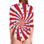 Swirl American Patriotic Star Print Long Sleeve Swimsuit