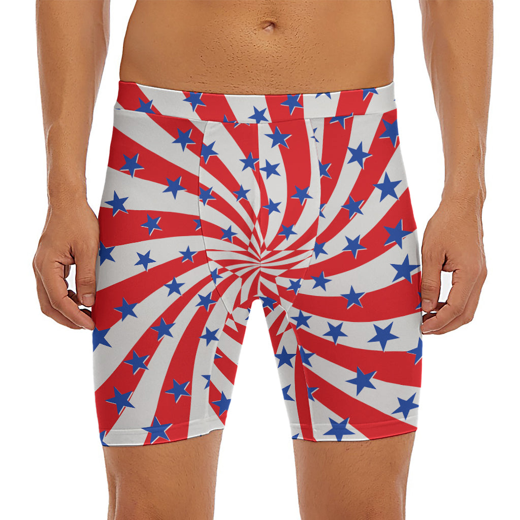 Swirl American Patriotic Star Print Men's Long Boxer Briefs