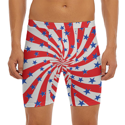 Swirl American Patriotic Star Print Men's Long Boxer Briefs