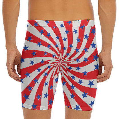 Swirl American Patriotic Star Print Men's Long Boxer Briefs