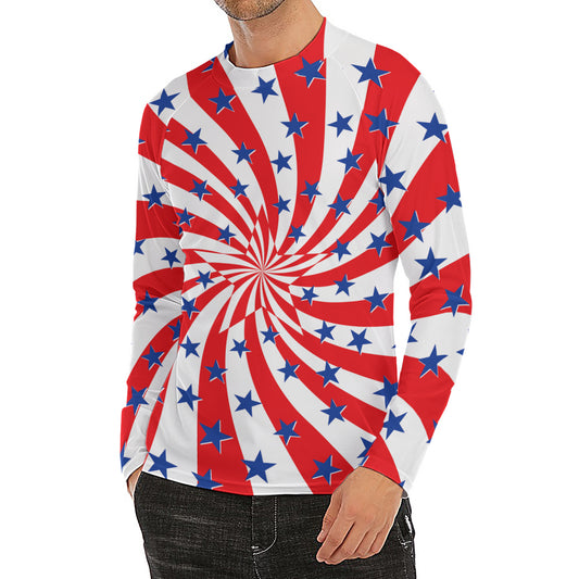 Swirl American Patriotic Star Print Men's Long Sleeve Rash Guard