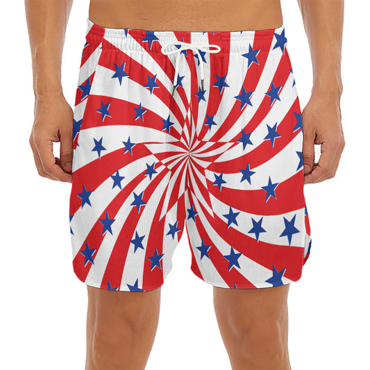 Swirl American Patriotic Star Print Men's Split Running Shorts