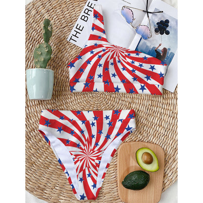Swirl American Patriotic Star Print One Shoulder Bikini Top