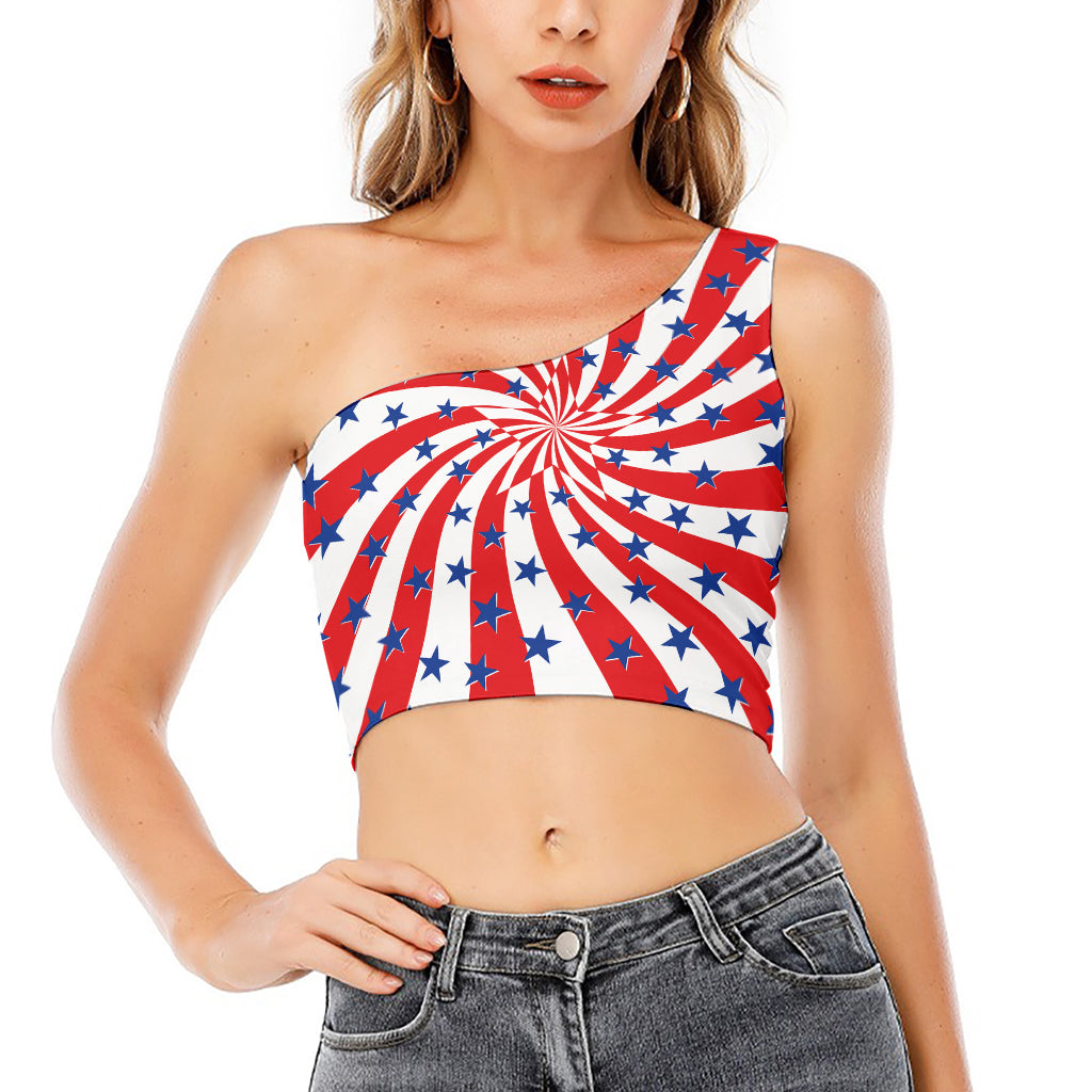 Swirl American Patriotic Star Print One Shoulder Crop Top