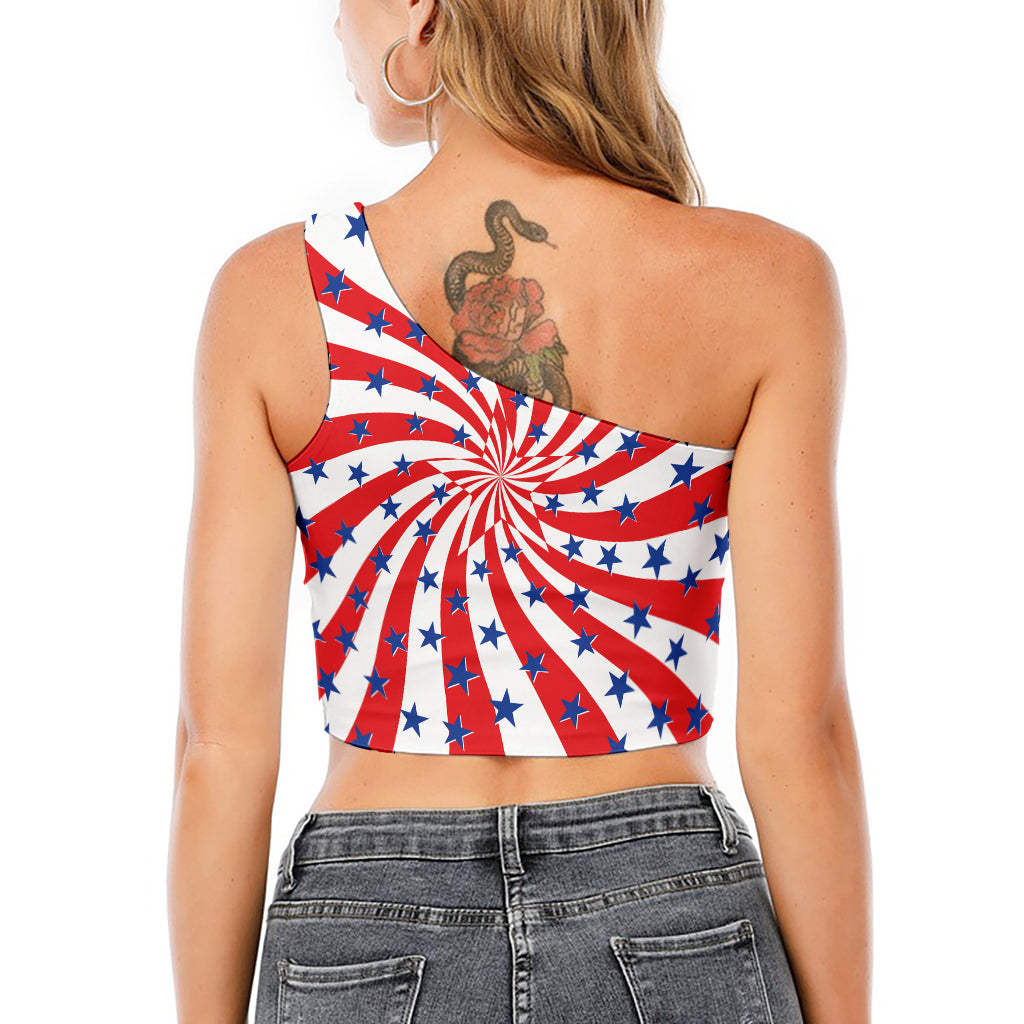 Swirl American Patriotic Star Print One Shoulder Crop Top