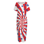 Swirl American Patriotic Star Print Short Sleeve Long Nightdress