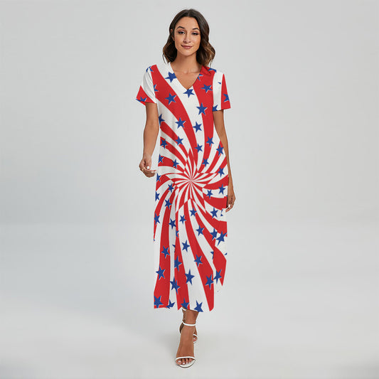 Swirl American Patriotic Star Print Short Sleeve Maxi Dress