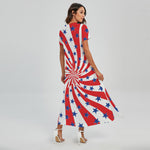 Swirl American Patriotic Star Print Short Sleeve Maxi Dress
