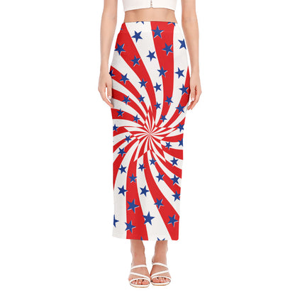 Swirl American Patriotic Star Print Side Slit Maxi Skirt