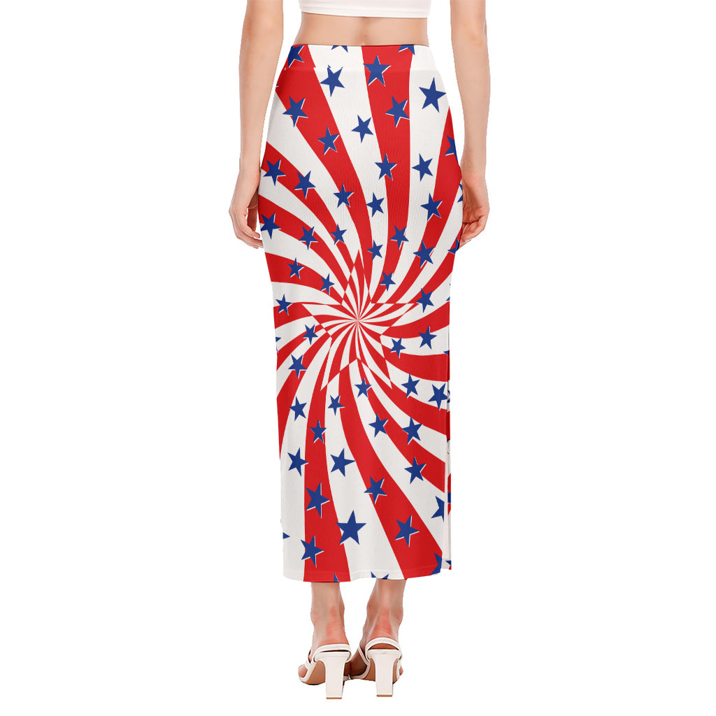 Swirl American Patriotic Star Print Side Slit Maxi Skirt