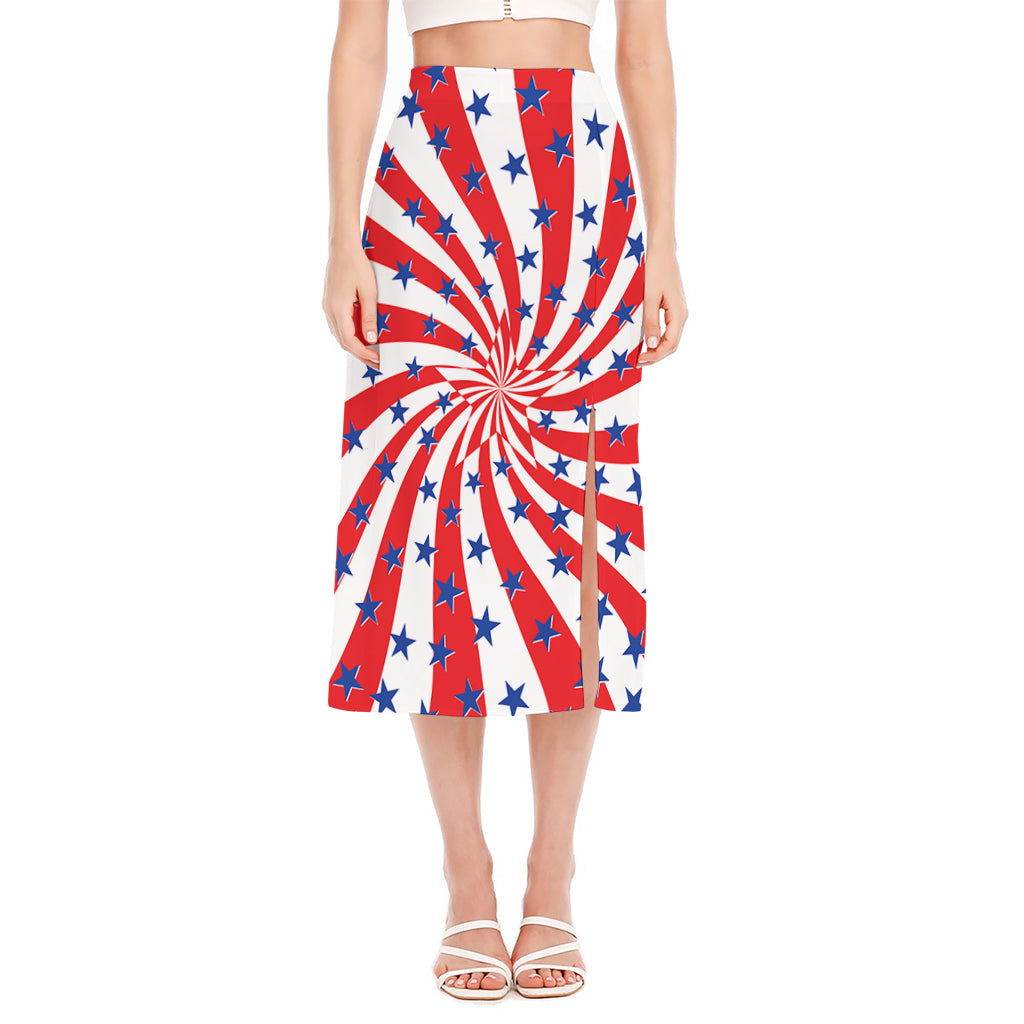 Swirl American Patriotic Star Print Side Slit Midi Skirt