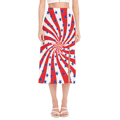 Swirl American Patriotic Star Print Side Slit Midi Skirt