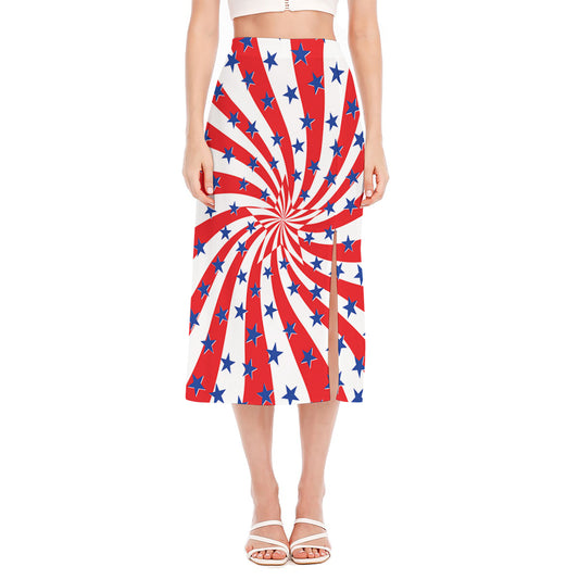 Swirl American Patriotic Star Print Side Slit Midi Skirt