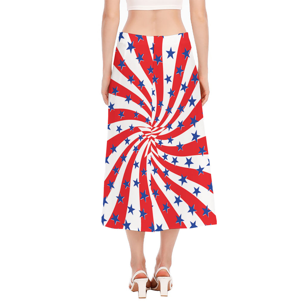 Swirl American Patriotic Star Print Side Slit Midi Skirt