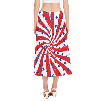 Swirl American Patriotic Star Print Side Slit Midi Skirt