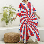 Swirl American Patriotic Star Print Silk V-Neck Kaftan Dress