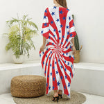 Swirl American Patriotic Star Print Silk V-Neck Kaftan Dress