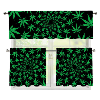 Swirl Cannabis Leaf Print 3 Piece Kitchen Curtains