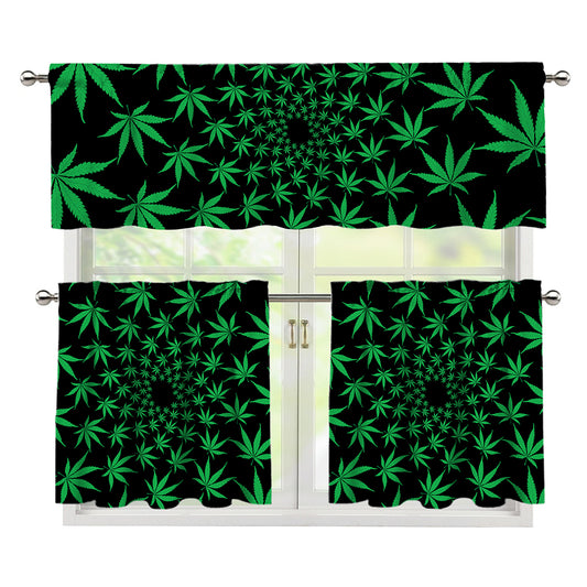 Swirl Cannabis Leaf Print 3 Piece Kitchen Curtains