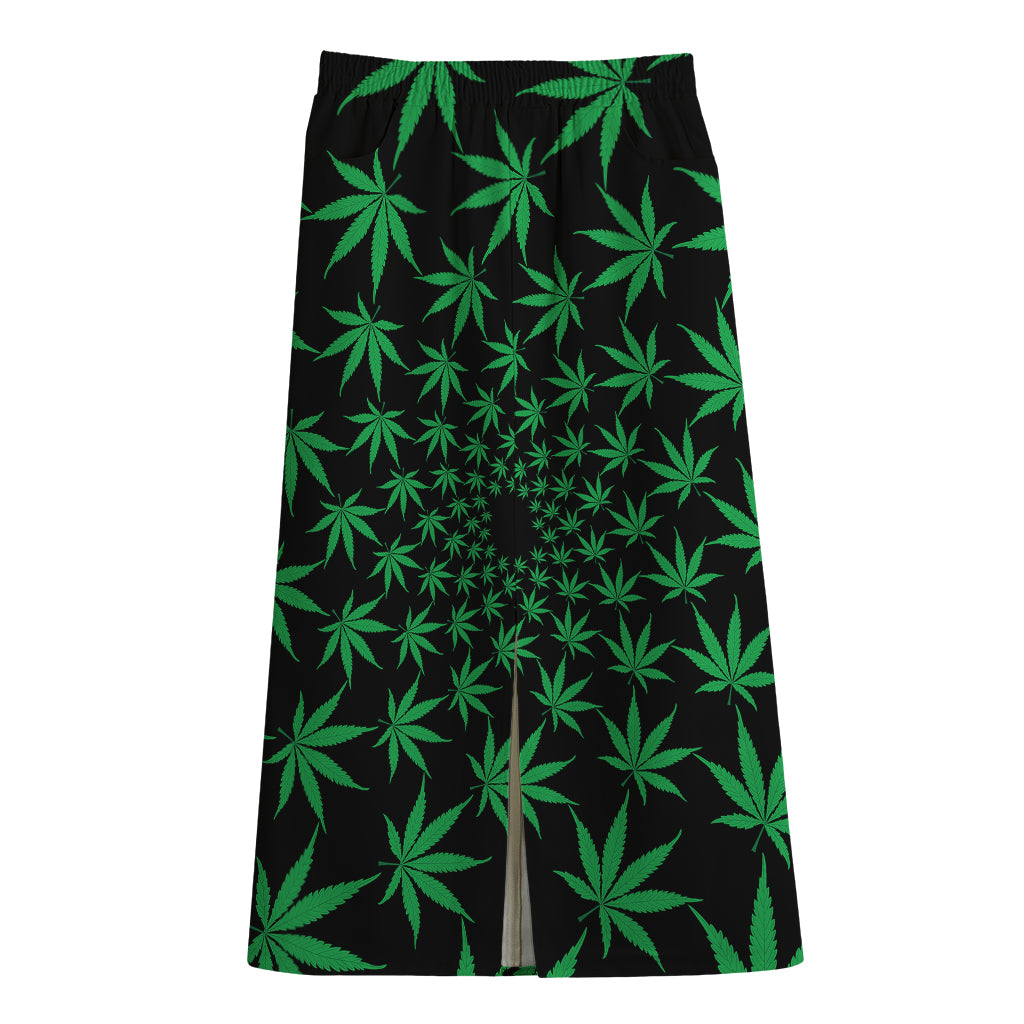 Swirl Cannabis Leaf Print Cotton Front Slit Maxi Skirt