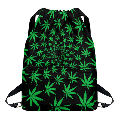 Swirl Cannabis Leaf Print Drawstring Backpack