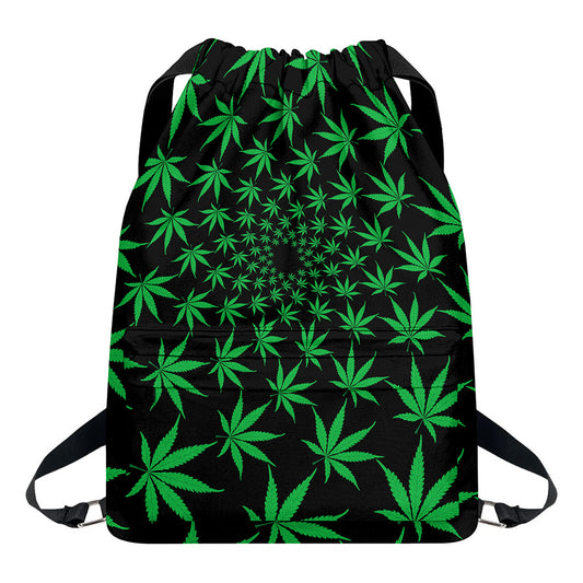 Swirl Cannabis Leaf Print Drawstring Backpack