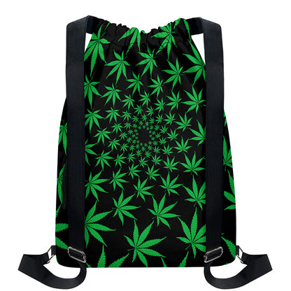 Swirl Cannabis Leaf Print Drawstring Backpack