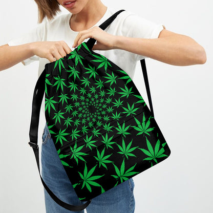 Swirl Cannabis Leaf Print Drawstring Backpack