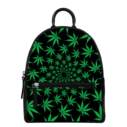 Swirl Cannabis Leaf Print Leather Backpack